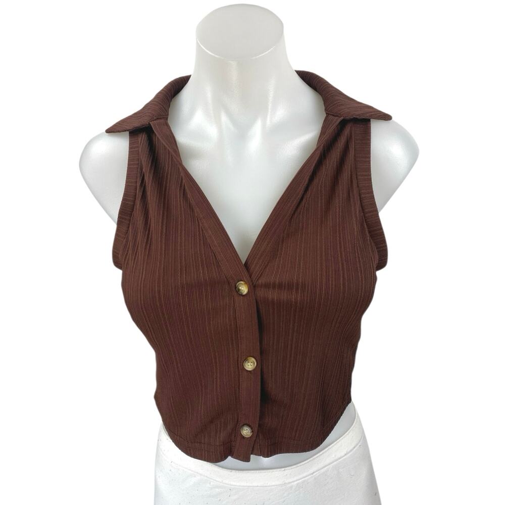 Cider Brown Knit Sleeveless Collared Button Down Crop Shirt Vest Tank Top Size M